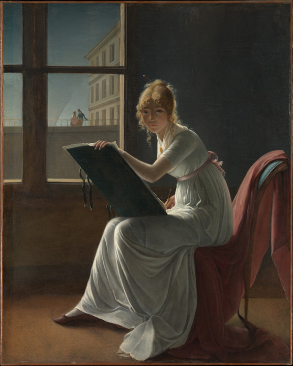 Painting of Marie Joséphine Charlotte du Val d'Ognes by Marie Denise Villers, showing a young woman in regency dress drawing beside a window, 1801. Image credit: The MET, Creative Commons